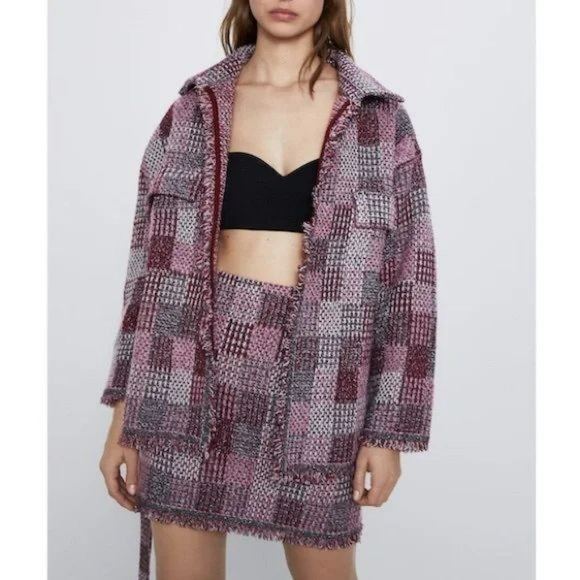 ZARA 2 PCS PLAID KNIT METALLIC THREAD JACKET + SKIRT - Picture 3 of 6